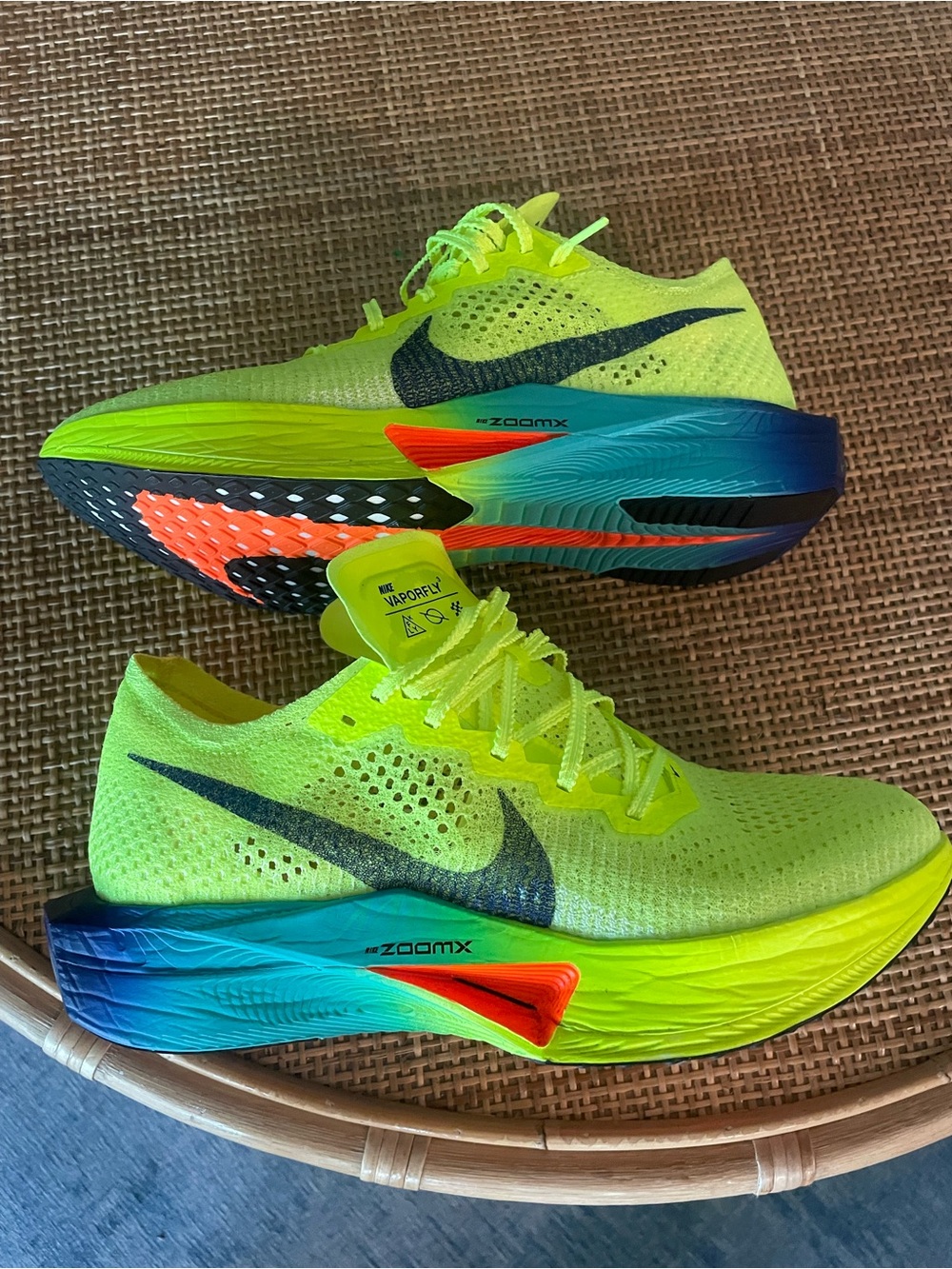 Nike Neon Yellow Flyknit Racing Sneakers with Blue-Teal Gradient Midsole